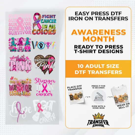 Iron on DTF Transfer Awareness Month Bundle - 10 Best Seller T-shirt Designs Ready To Press {1}
