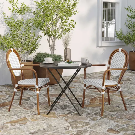 Merrick Lane Mael Stacking Thonet Bistro Style Chair with Textilene Seat and Bamboo Finished Metal Frame for Indoor/Outdoor Use Black&White/LightNat {3}