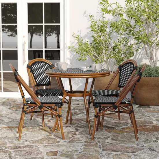 Merrick Lane Sacha Bistro Style Table with Glass Top, PE Rattan, 2 Stack Chairs, and Bamboo Finished Metal Frame for Indoor/Outdoor Use Navy&White/Natural {9}