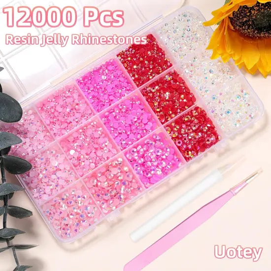 12000Pcs Flatback Resin Jelly Rhinestones with Pickup Tool - Pink Set (Mixed Sizes) {2}