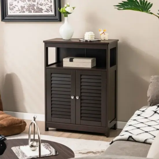 Bathroom Floor Cabinet with Louvered Doors and Open Shelf, Adjustable Storage Organizer Brown {3}