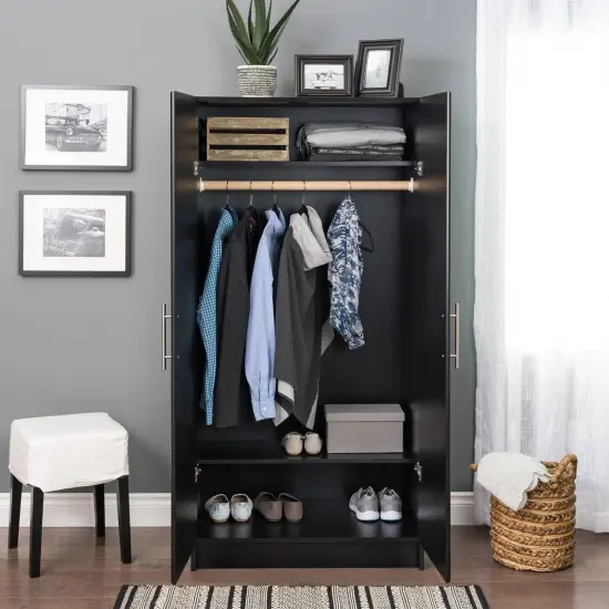 65-Inch Freestanding Tall Cabinet with Clothing Rod and Shelves for Bedroom or Kitchen Storage Black {5}