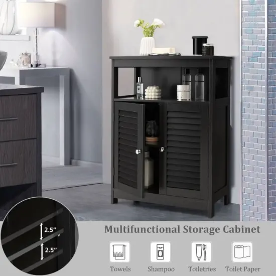 Bathroom Floor Cabinet with Louvered Doors and Open Shelf, Adjustable Storage Organizer Black {4}