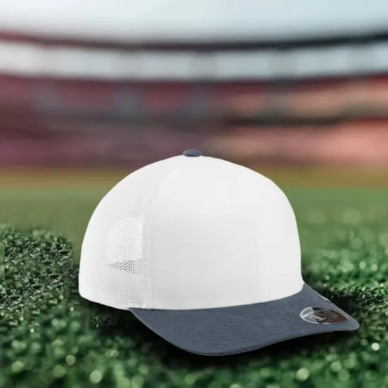 TravisMathew Cruz Colorblock Trucker Cap Structured Mid Profile Flexfit 110 with Breathable Mesh Heather Grey/ Black {7}