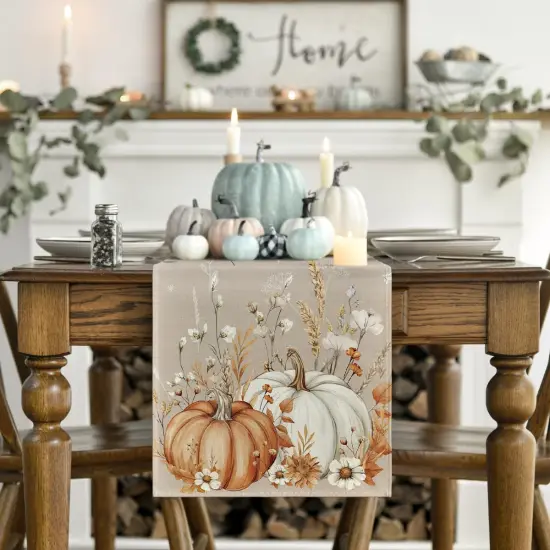Pumpkins Leaves Flowers Fall Table Runner {2}