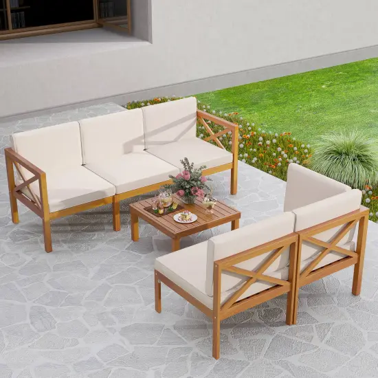 Costway 6 PCS Acacia Wood Patio Furniture Set with Cushions and Coffee Table for Garden {4}