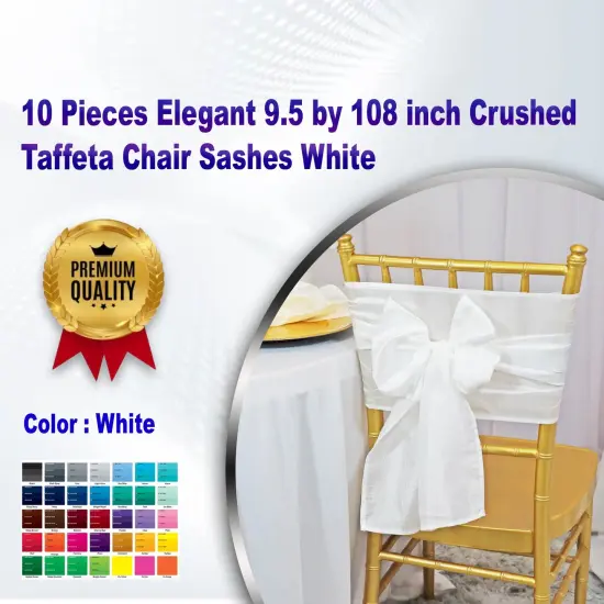 10 Pieces Elegant 9.5 by 108 inch Crushed Taffeta Chair Sashes White {1}