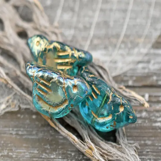 *6* 11x22mm Gold Washed Teal AB Bird Beads {2}