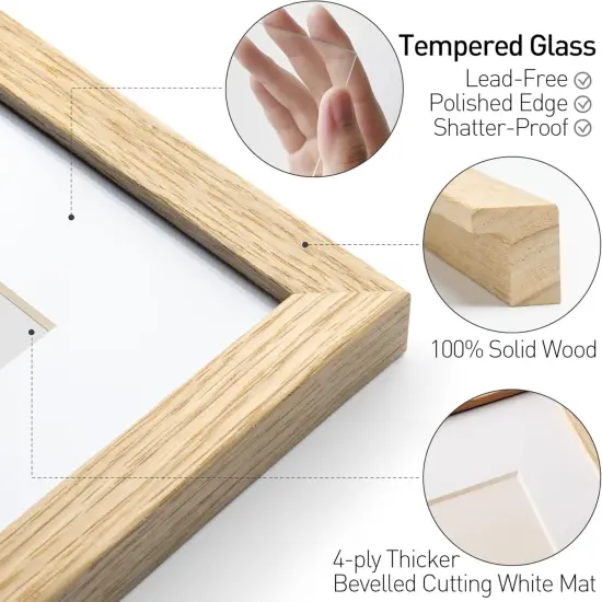 11x14 Oak Wood Picture Frame with Mat for 8x10 Set of 3, Natural Solid Wood 11x14 Frame with Tempered Glass for Wall Gallery & Home (3 Pack, Oak) {3}