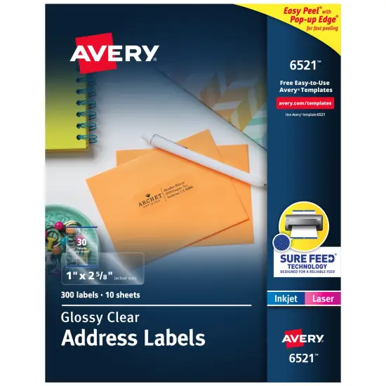 Avery Printable Address Labels with Sure Feed, 1" x 2-5/8", Glossy Clear, 300 Blank Mailing Labels for Laser and Inkjet Printers (6521) {1}