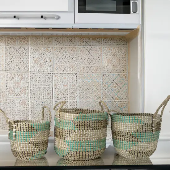 Northlight Natural Woven Seagrass Basket - Teal, Black and White - Set of 3 Beige {6}