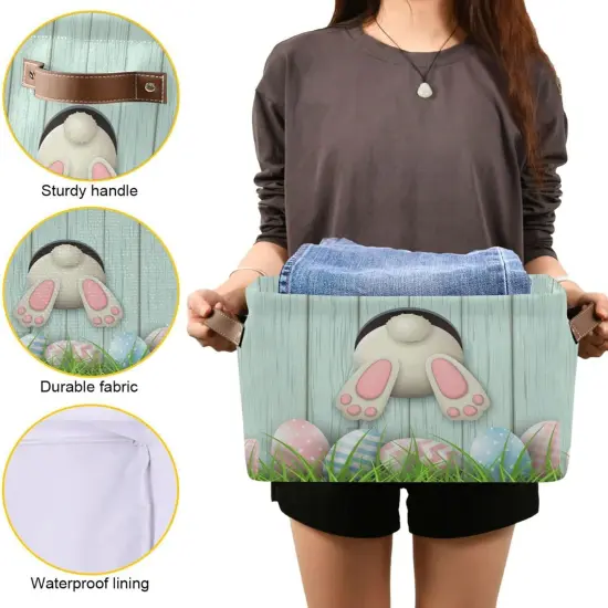Easter Basket with Handles, Easter Bunny Bottom with Pink and Blue Eggs Foldable Fabric Collapsible Storage Bins Organizer Bag for Storage Clothes {5}