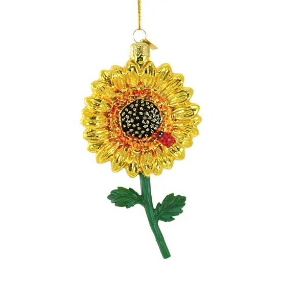 Noble Gems 6.0 Inch Sunflower Glass Ornament Tree Ornament , Ladybug Flower Yellow {1}