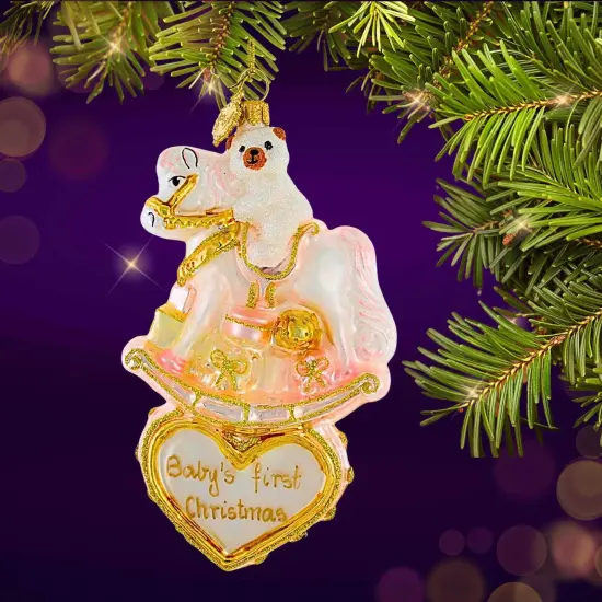 Huras Family 5.0 Inch Girl Rocking Horse On Heart Christmas Tree Ornament , Christmas Decor Baby's First Christmas Pink {4}