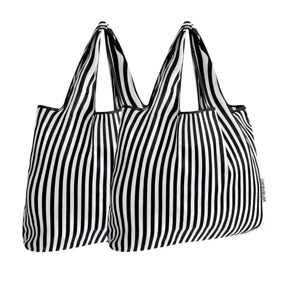 Wrapables Foldable Tote Nylon Reusable Grocery Bag (Set of 2), Black Stripes {1}