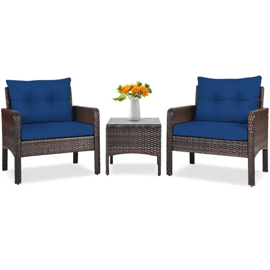 3 Pieces Outdoor Patio Rattan Conversation Set with Seat Cushions Black {7}