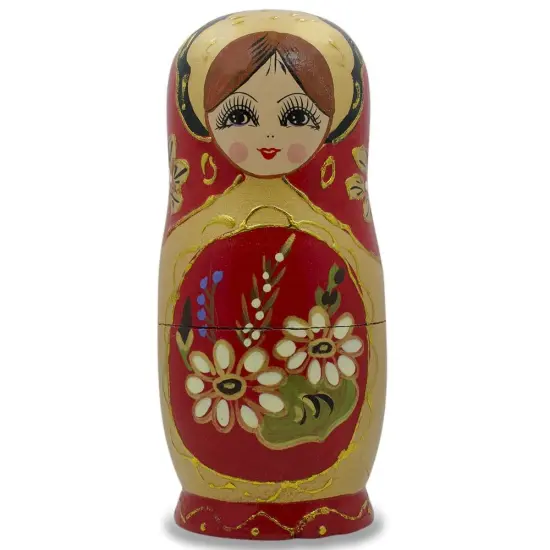 Set of 5 White Flowers on Red Nesting Dolls 6.5 Inches {4}