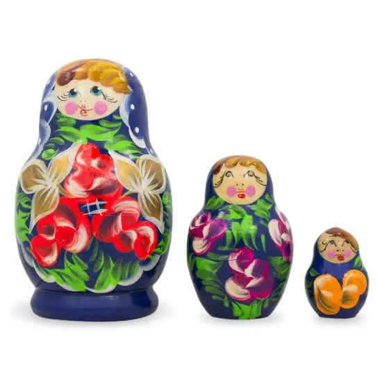 Set of Flowers on Blue Dress Nesting Dolls 3.5 Inches {1}