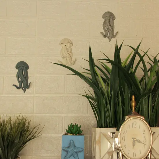 Set of 3 Cast Iron Jellyfish Wall Hooks 5 Inches High - Blue , Gray, White {5}