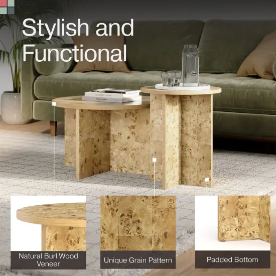 Burl Wood Round Nesting Coffee Tables - Modern Living Room Furniture - Organic Modern Drink Desk - Stylish Home Decor - 2 Piece Tables Set - Burl Top and Base {5}