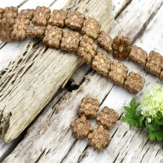 *13* 11mm Bronze Washed Ivory Travertine Square Zinnia Flower Beads {4}