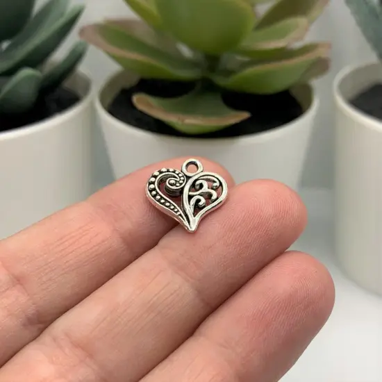 Antiqued Silver Scroll Heart Charms, 14x13mm {3}