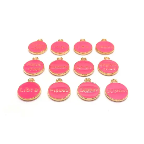 Bright Pink Enamel and Gold Zodiac/Astrology Charms, 15x12mm {2}
