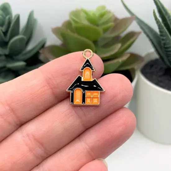 Black and Orange Enamel Haunted House Halloween Charms, 22x16mm {2}