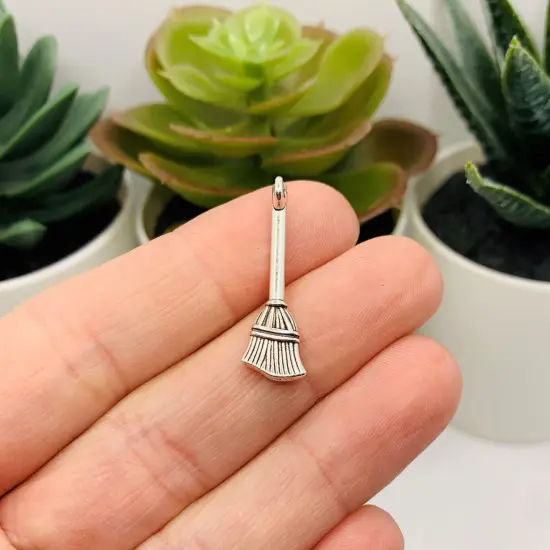 Silver Witch Halloween Broom 3D Charms, 27x10mm {3}