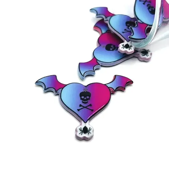 Punk Valentine's Day Heart with Bat Wings Charms, 34x45mm {1}
