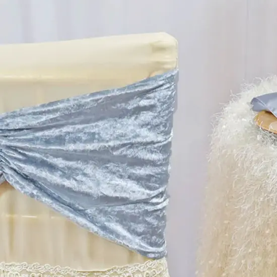 10 Pieces Dusty Blue Ruffled Ice Crushed Velvet Chair Bands for Elegant Event Styling 8 x 13 inches {3}