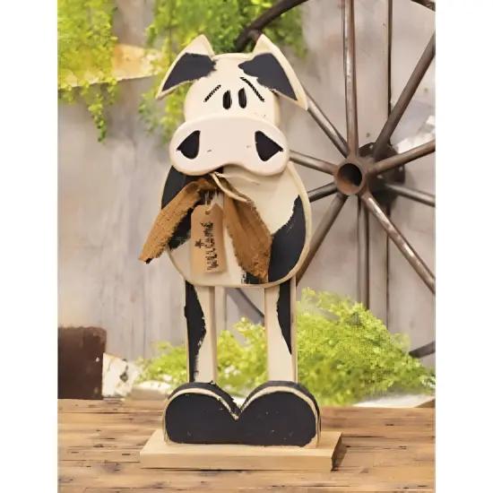 Wood Rustic Cow Figurine with Fabric Tie on Wooden Base {2}