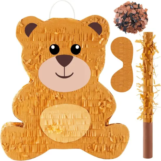 14.5 Inch Bear Pi&ntilde;ata Bear Themed Birthday Party Supplies Animal Pi&ntilde;ata with Wood Bat Stick, Paper Blindfold and Confetti for Valentine&lsquo;s Day Baby Shower Party Decor Kid Adult Boy Girl {1}