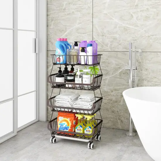 4 Tier Stackable Metal Wire Baskets Cart with Rolling Wheels {5}