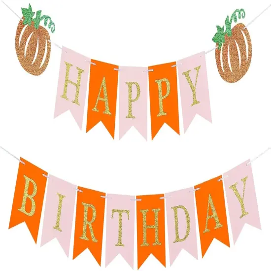 Pink Gold Happy Birthday Pumpkin Banner for Fall Party Decorations {1}