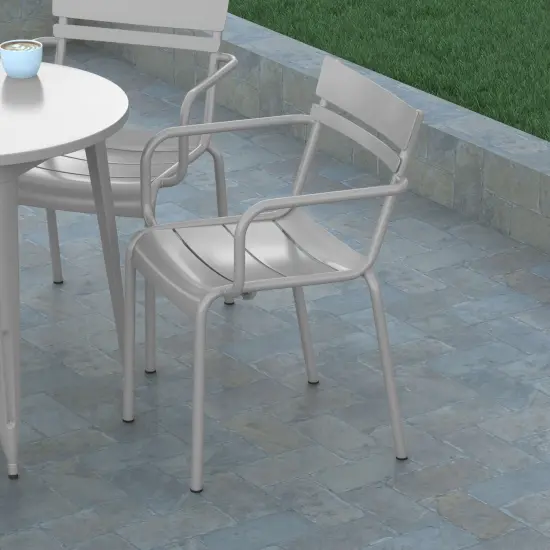 Emma and Oliver Rennes Powder Coated Steel Stacking Dining Chair with Arms and 2 Slat Back for Indoor-Outdoor Use Silver {3}