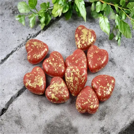 *10* 14mm Gold Splattered Red Opal Heart Beads {1}