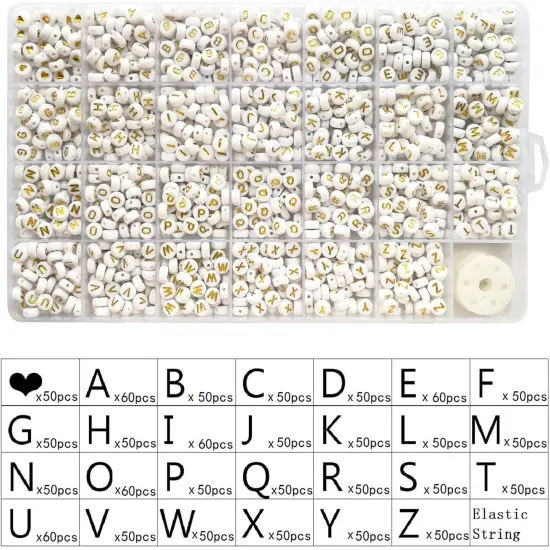 1400pcs Letter Beads A-Z 4x7mm White On Gold Round Acrylic Alphabet Heart Beads and Beading Cord for Jewelry Making Bracelets Necklaces Key Chains {2}