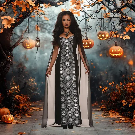 Womens Mortalia Costume Full Length Dress Skull Jacquard Trim Halloween {1}