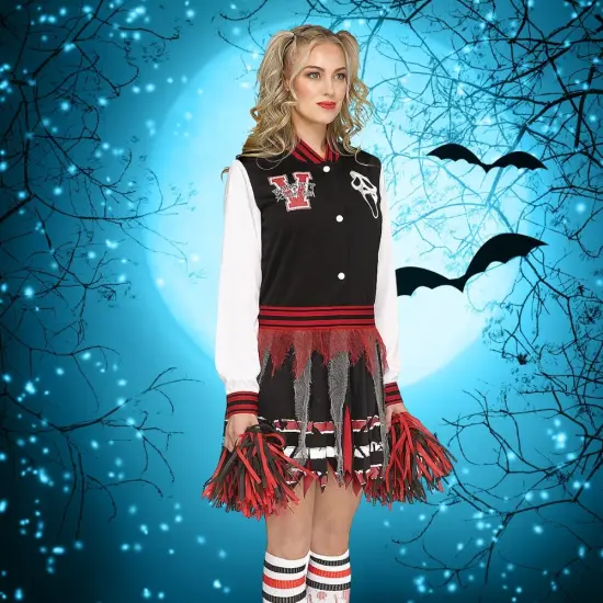 Scream for the Team Cheerleader Costume Adult Medium Large Halloween Varsity Dress Ghost Face Socks Pom Poms {3}