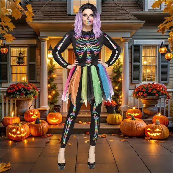 Skeleton Rainbow Foil Costume, Halloween Colorful Skeleton Jumpsuit Party Dress Up Outfit {4}