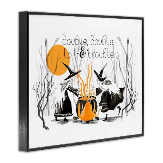 Double Toil Trouble Witches & Cauldron Halloween Illustration Framed Giclee Art Black {3}