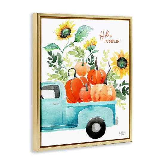 Hello Pumpkin Autumn Truck Carrying Seasonal Plants Floating Frame Canvas Art Gold {3}