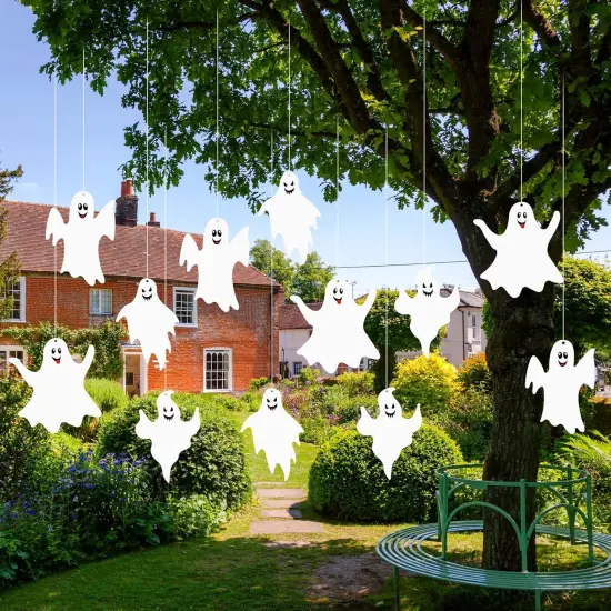 12 Pcs Hanging Ghosts Halloween Decoration - 3 Different Sizes {1}