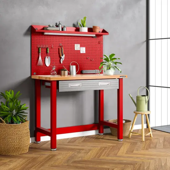 Seville Classics UltraHD Lighted Workcenter w/ Wood Top and Pegboard Red {6}