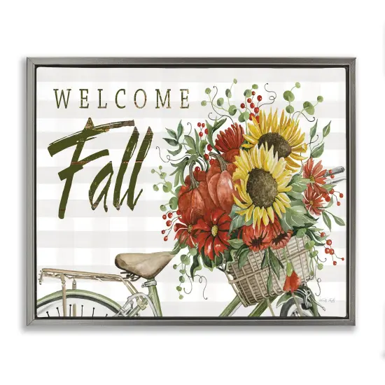 Welcome Fall Autumnal Flower Assortment Bicycle Basket Floating Frame Canvas Art Gray {1}
