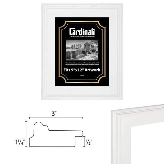 Cardinali Plein Air, White 9x12" Picture Frame with Acrylic Glazing & Cardboard Backing, for Photography or Canvas Frame, 3 Wide Moulding, 1/2 Rabbet Depth, D-Ring Hangers Included {4}