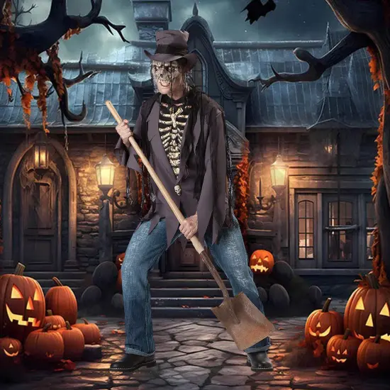 Men's Grave Robber Costume Halloween Scary Skeleton Jacket Hat Mask Gauze Strips Dress Up Set {3}
