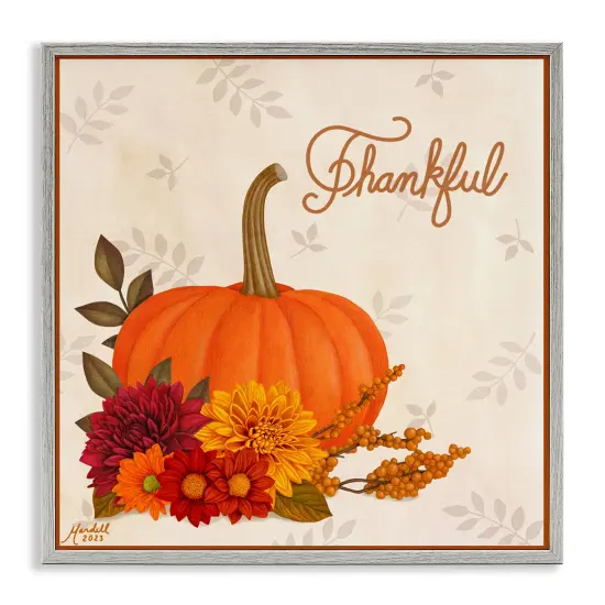 Thankful Pumpkin & Florals Framed Giclee Art Gray {1}