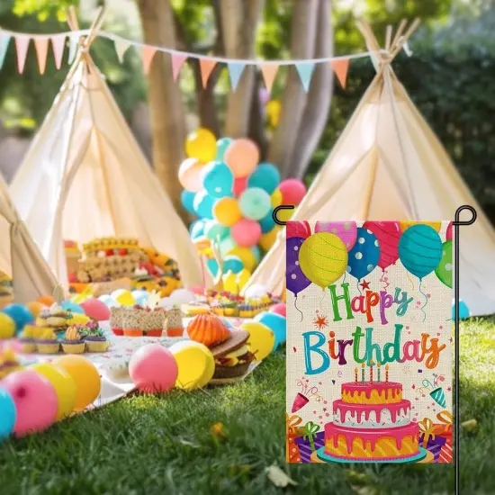 Happy Birthday Garden Flags 12x18 Double Sided Burlap, Colorful Balloon Cake Toppers Personalized Banner Farmhouse Yard Sign Birthday Party Outdoor Decorations {4}